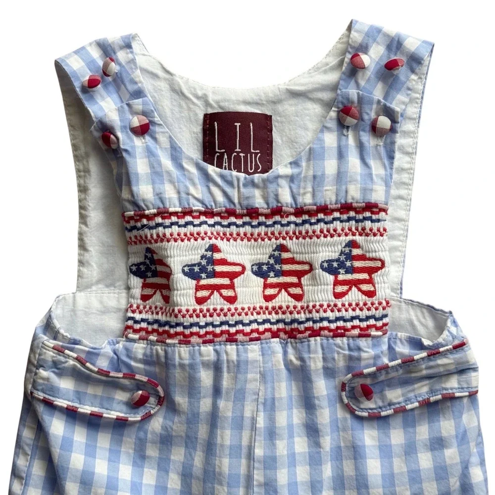 Lil Cactus Baby 3–6M Patriotic Smocked Stars Gingham Long Romper Longalls Snap